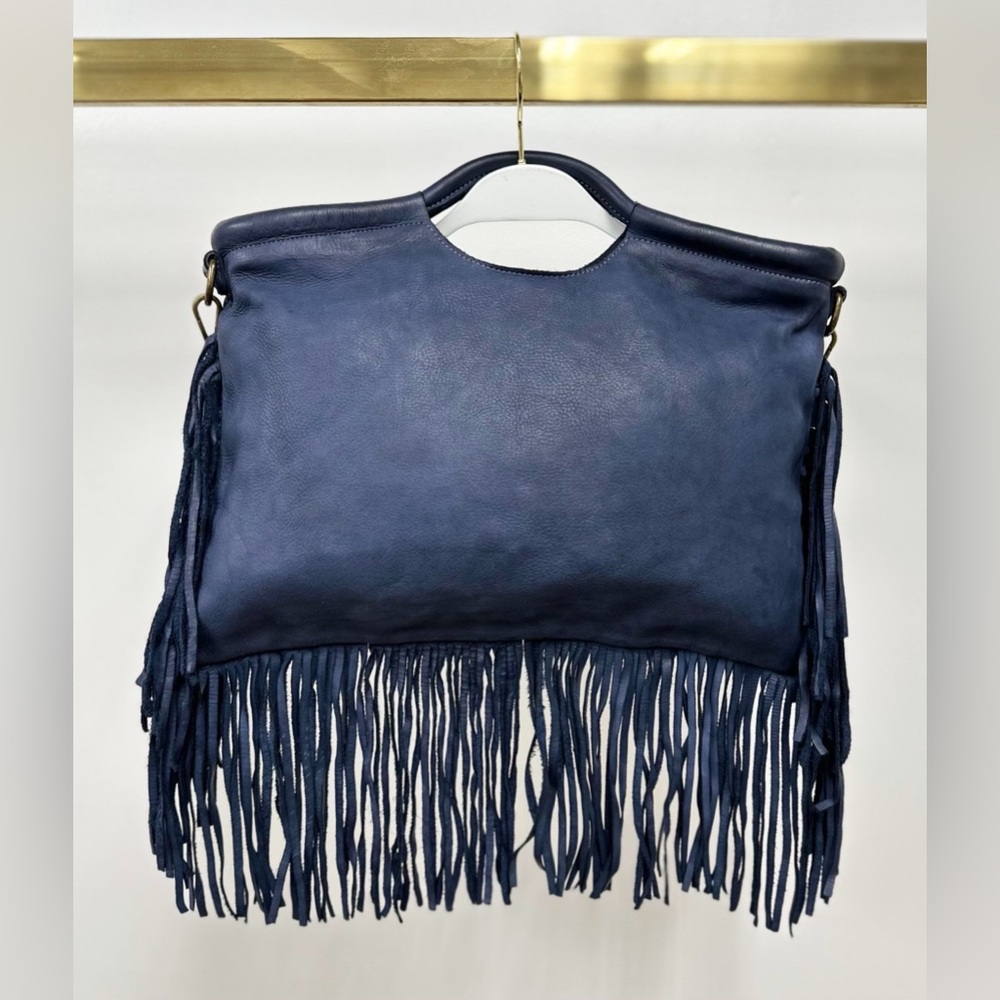 (086-NVY) FRINGE LEATHER HANDBAG WITH SHOULDER STRAP